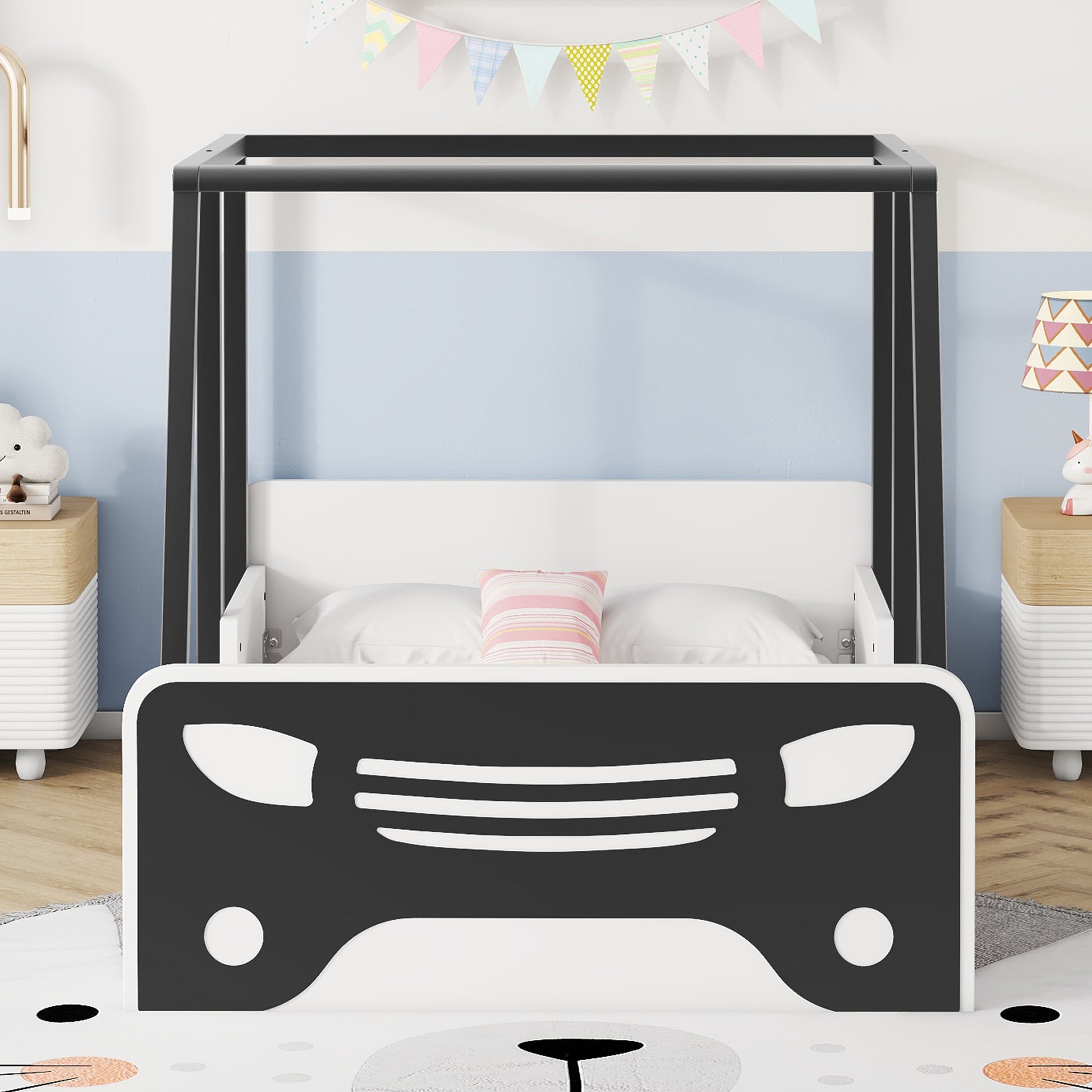 Twin Size Car-shaped Bed with Roof,Wooden Twin Floor Bed with wheels and door Design,Montessori Inspired Bedroom,Black House to Home Furnishings LLC