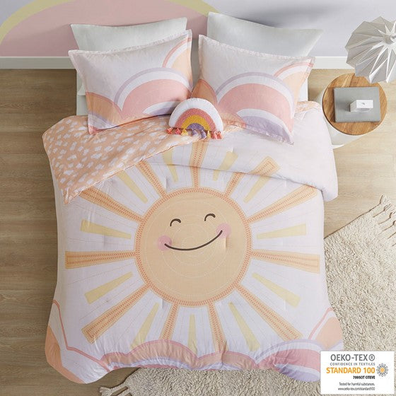 Sunshine Printed Reversible Comforter Set Yellow/Coral Twin Olliix.com