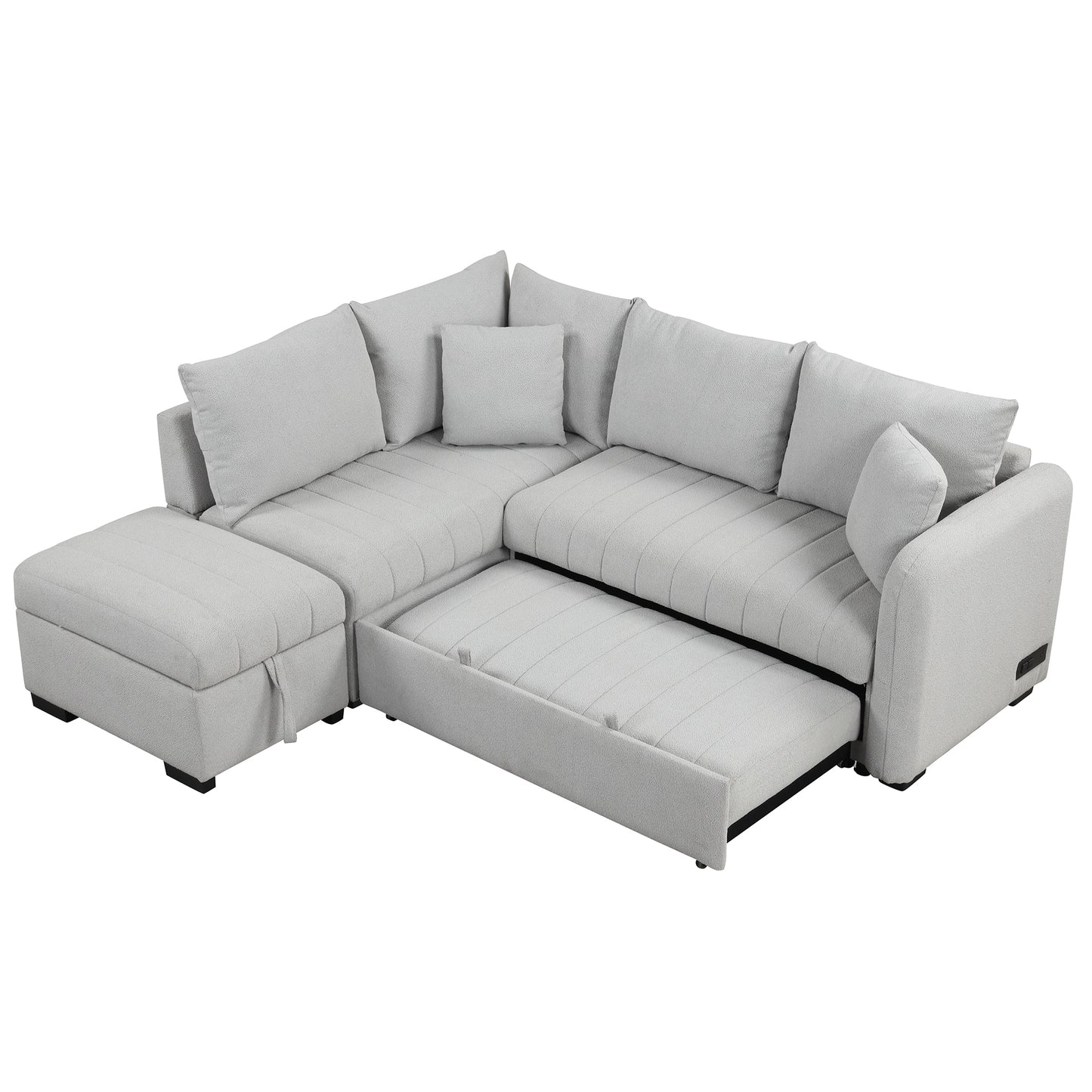 82.6" L-shaped Sectional Pull Out Sofa Bed Sleeper Sofa with Two USB Ports, Two Power Sockets and a Movable Storage Ottoman, Gray ***(FREE SHIPPING)*** House to Home Furnishings LLC