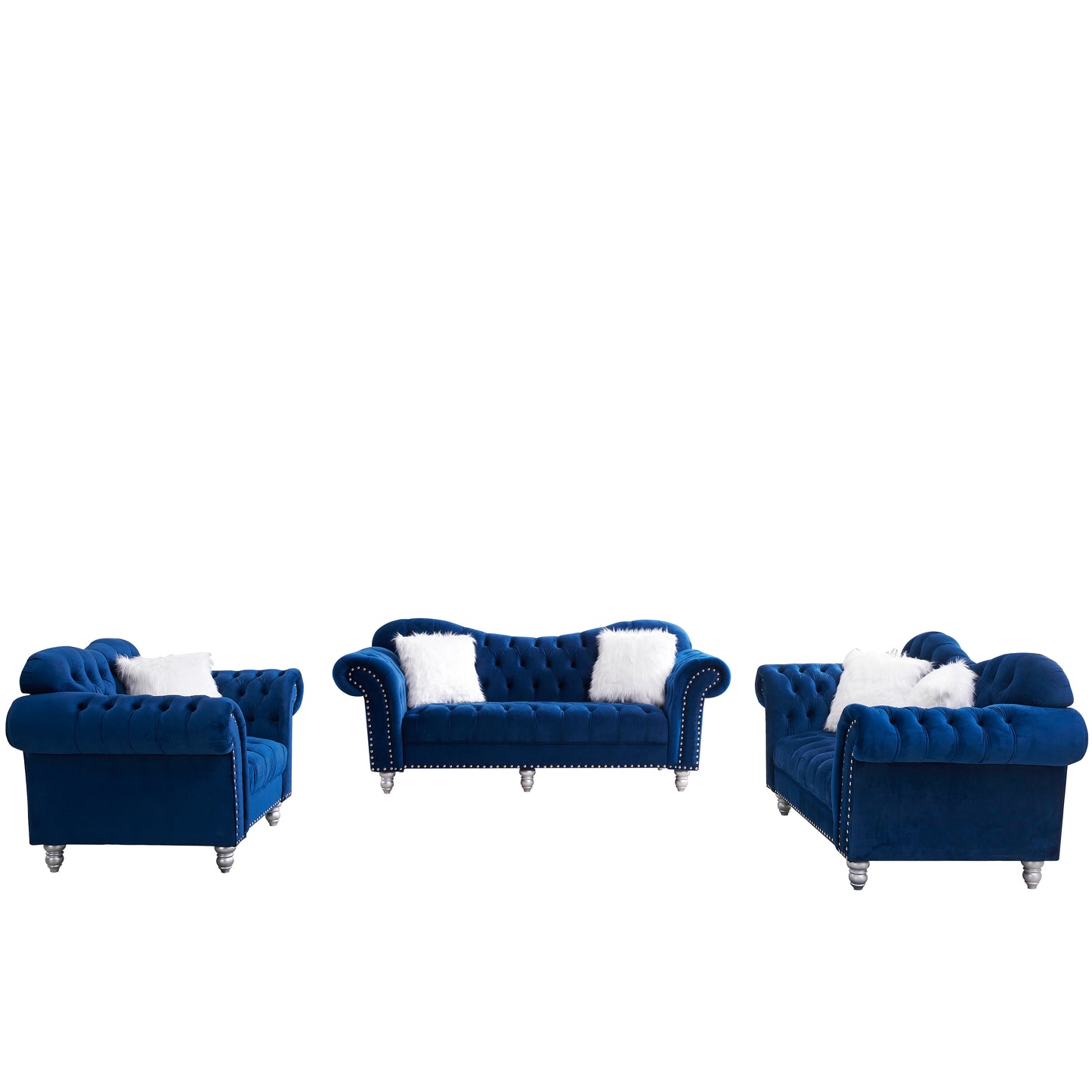 3 Piece Living Room Sofa Set, including 3-Seater Sofa, Loveseat and Sofa Chair, with Button and Copper Nail on Arms and Back, Five White Villose Pillow, Blue. House to Home Furnishings LLC