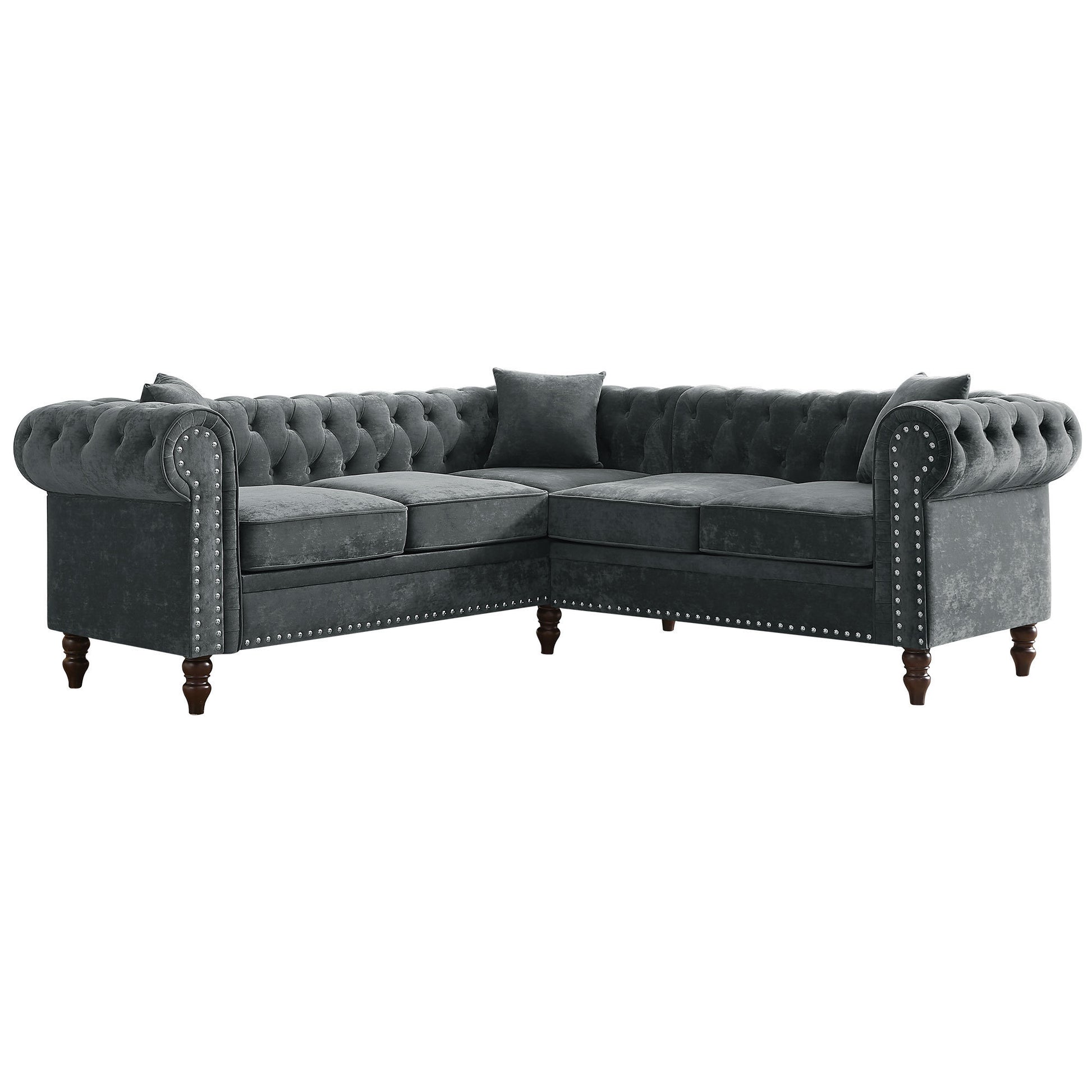 MH 80" Deep Button Tufted Upholstered Roll Arm Luxury Classic Chesterfield L-shaped Sofa 3 Pillows Included, Solid Wood Gourd Legs, Grey velvet ***(FREE SHIPPING)*** House to Home Furnishings LLC