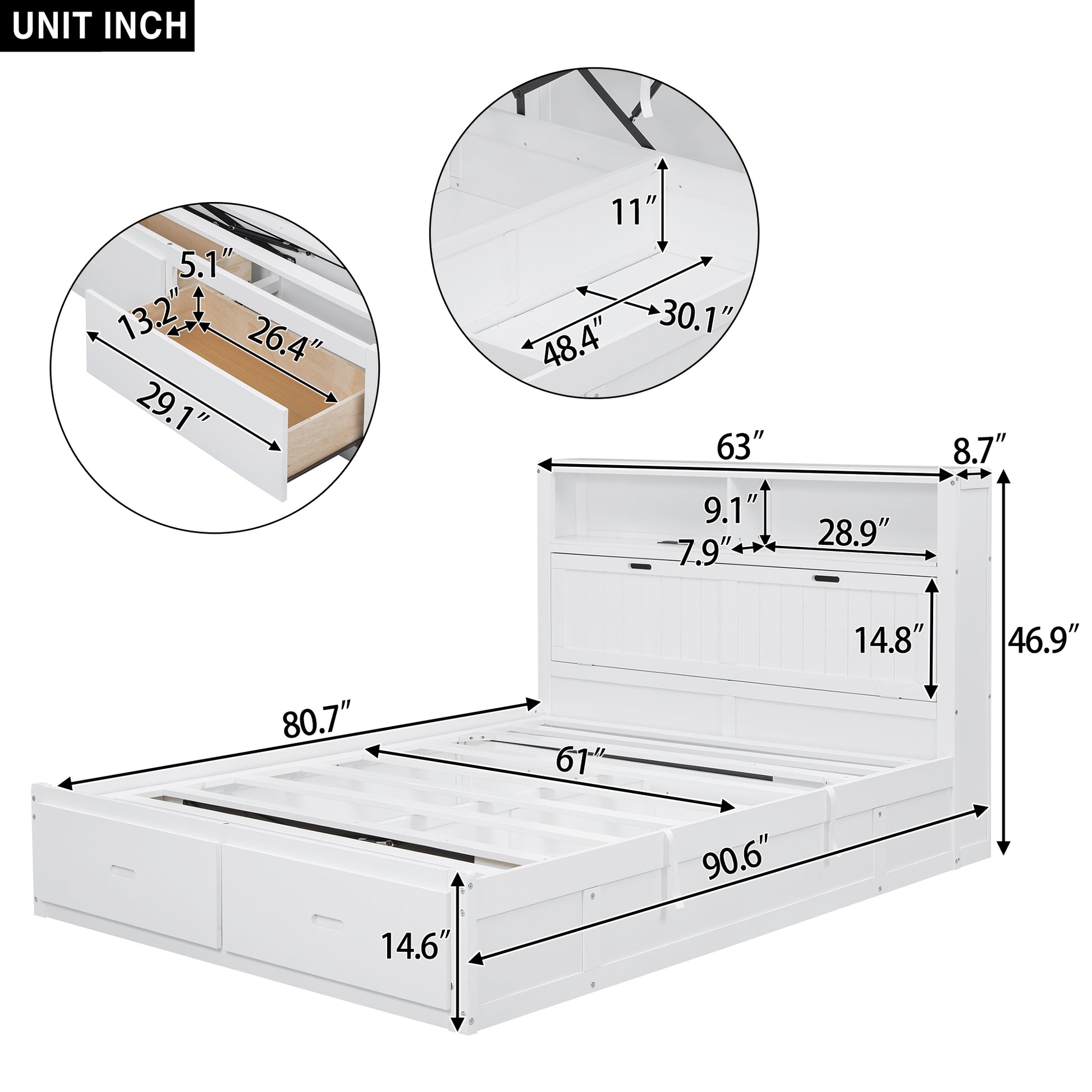 Wood Queen Size Hydraulic Platform Bed with Storage LED Headboard, Charging Station and 2 Drawers, White (FREE SHIPPING) House to Home Furnishings LLC