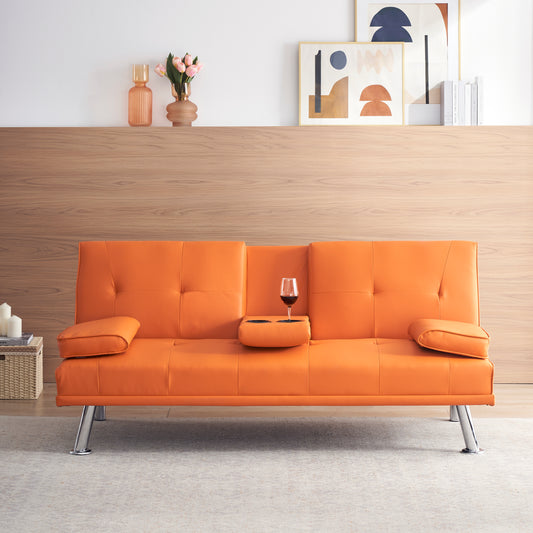 67" Orange Leather Multifunctional Double Folding Sofa Bed for Office with Coffee Table House to Home Furnishings LLC