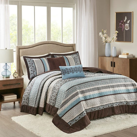 5 Piece Reversible Jacquard Bedspread Set Blue King Olliix.com