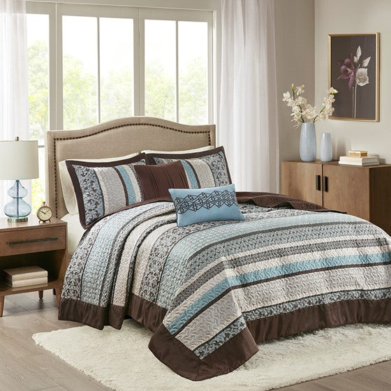 5 Piece Reversible Jacquard Bedspread Set Blue Queen Olliix.com