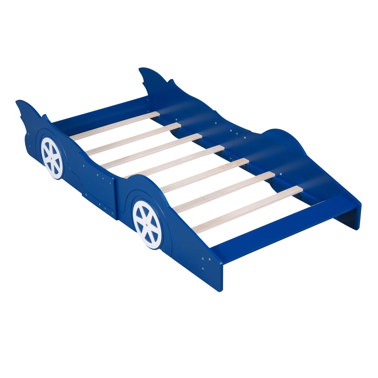 Twin Size Race Car-Shaped Platform Bed with Wheels,Blue (FREE SHIPPING) House to Home Furnishings LLC