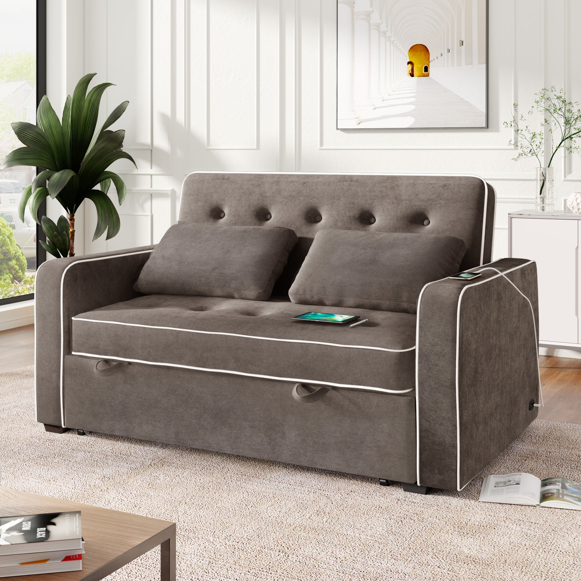 65.7" Linen Upholstered Sleeper Bed , Pull Out Sofa Bed Couch attached two throw pillows,Dual USB Charging Port and Adjustable Backrest for Living Room Space,BROWN GRAY House to Home Furnishings LLC