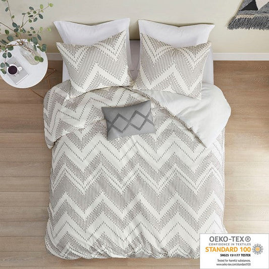 4 Piece Cotton Clip Jacquard Duvet Cover Set Grey Cal King Olliix.com