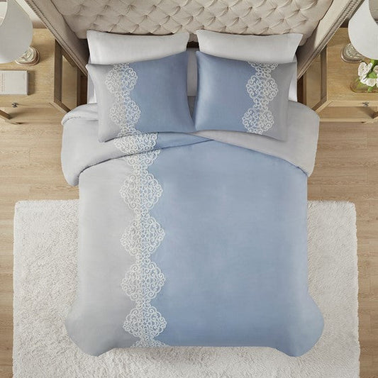 3 Piece Embroidered Microfiber Duvet Cover Set Blue Cal King Olliix.com