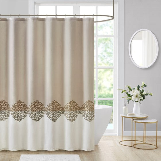 Pieced and Embroidered Shower Curtain Tan Olliix.com