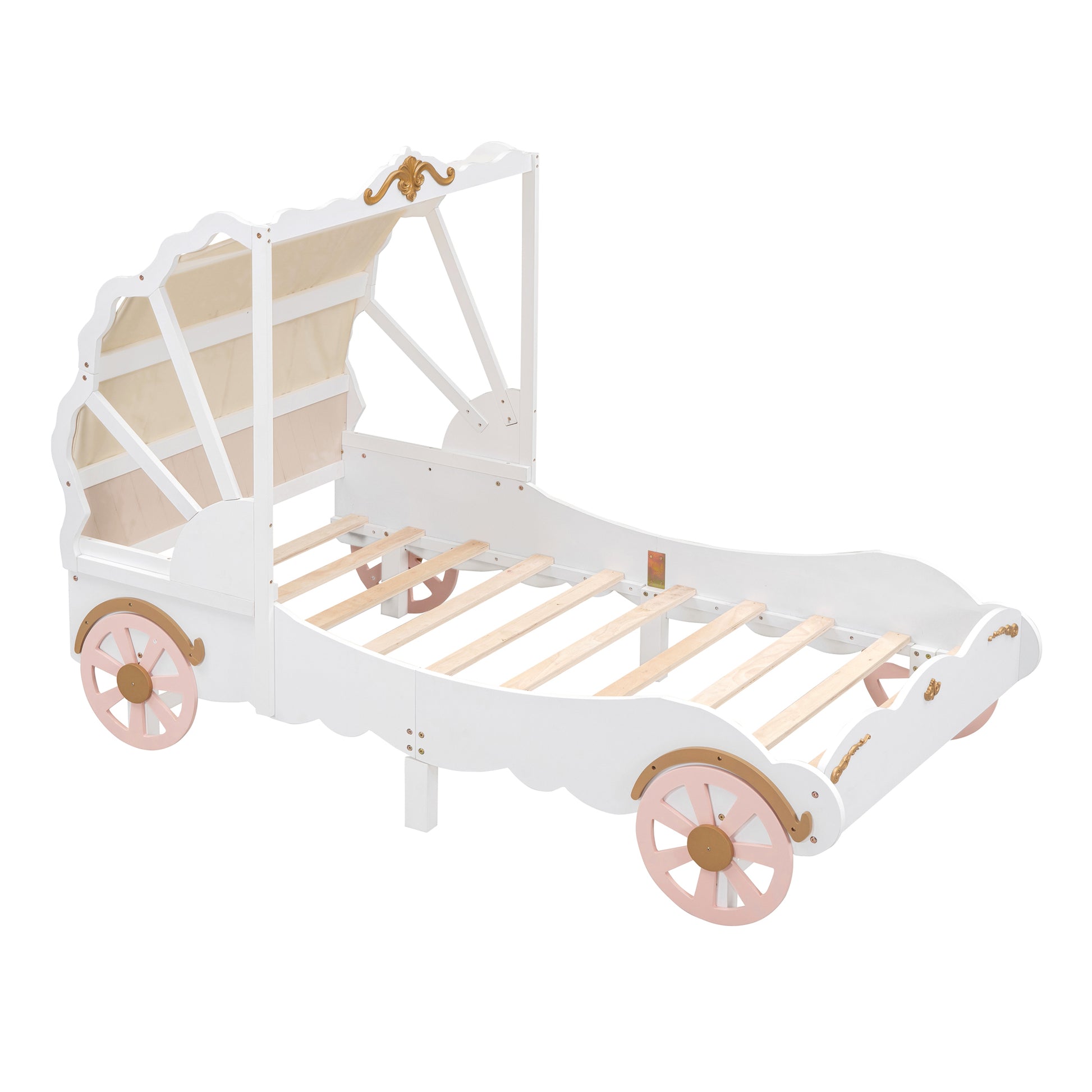 Twin Size Princess Carriage Bed with Canopy, Wood Platform Car Bed with 3D Carving Pattern, White+Pink+Gold House to Home Furnishings LLC