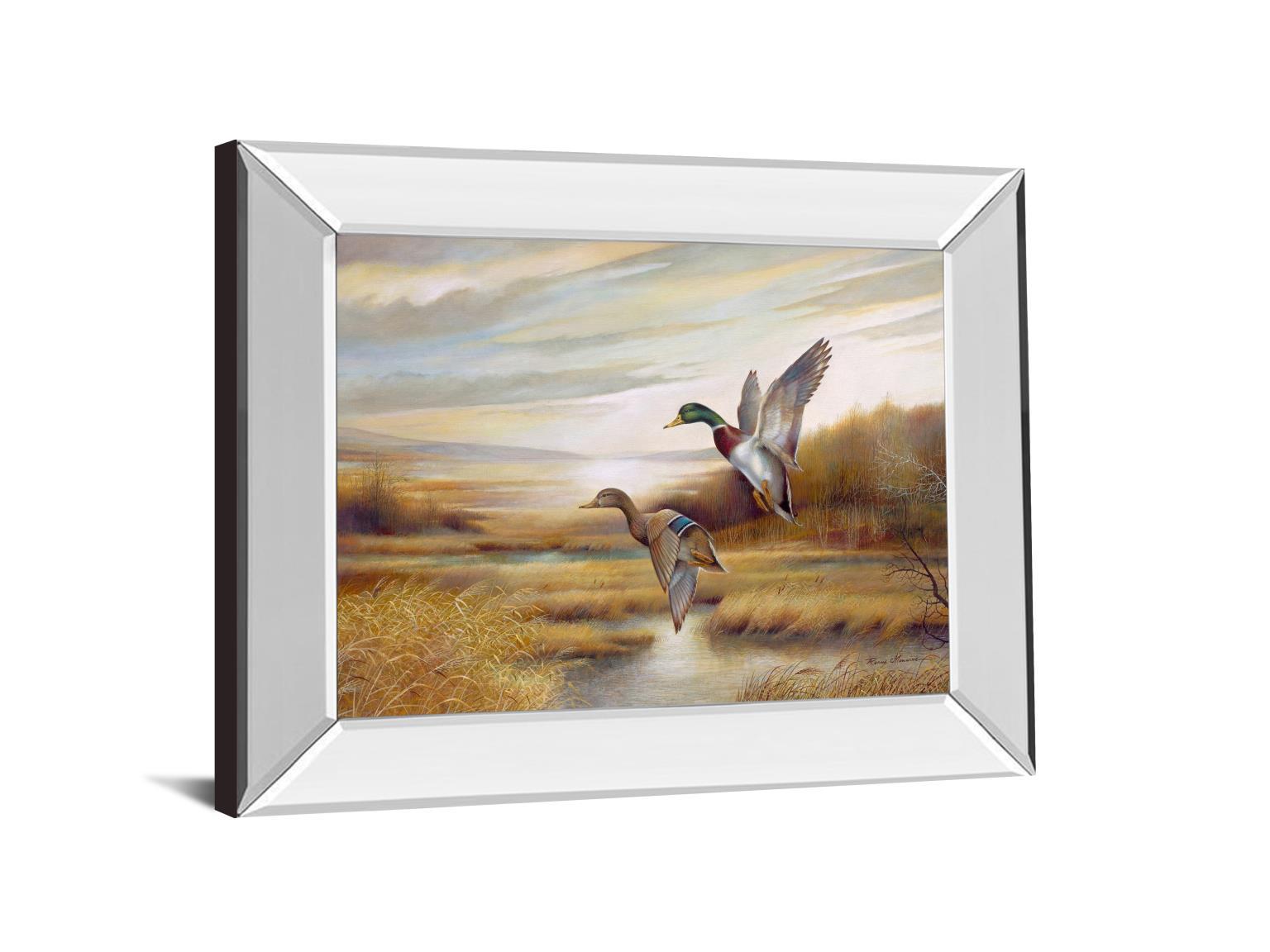 22x26 Mallards By Ruanne Manning And Mossy Oak Native Living - Mirror Framed Print Wall Art - Dark Brown Classy Art