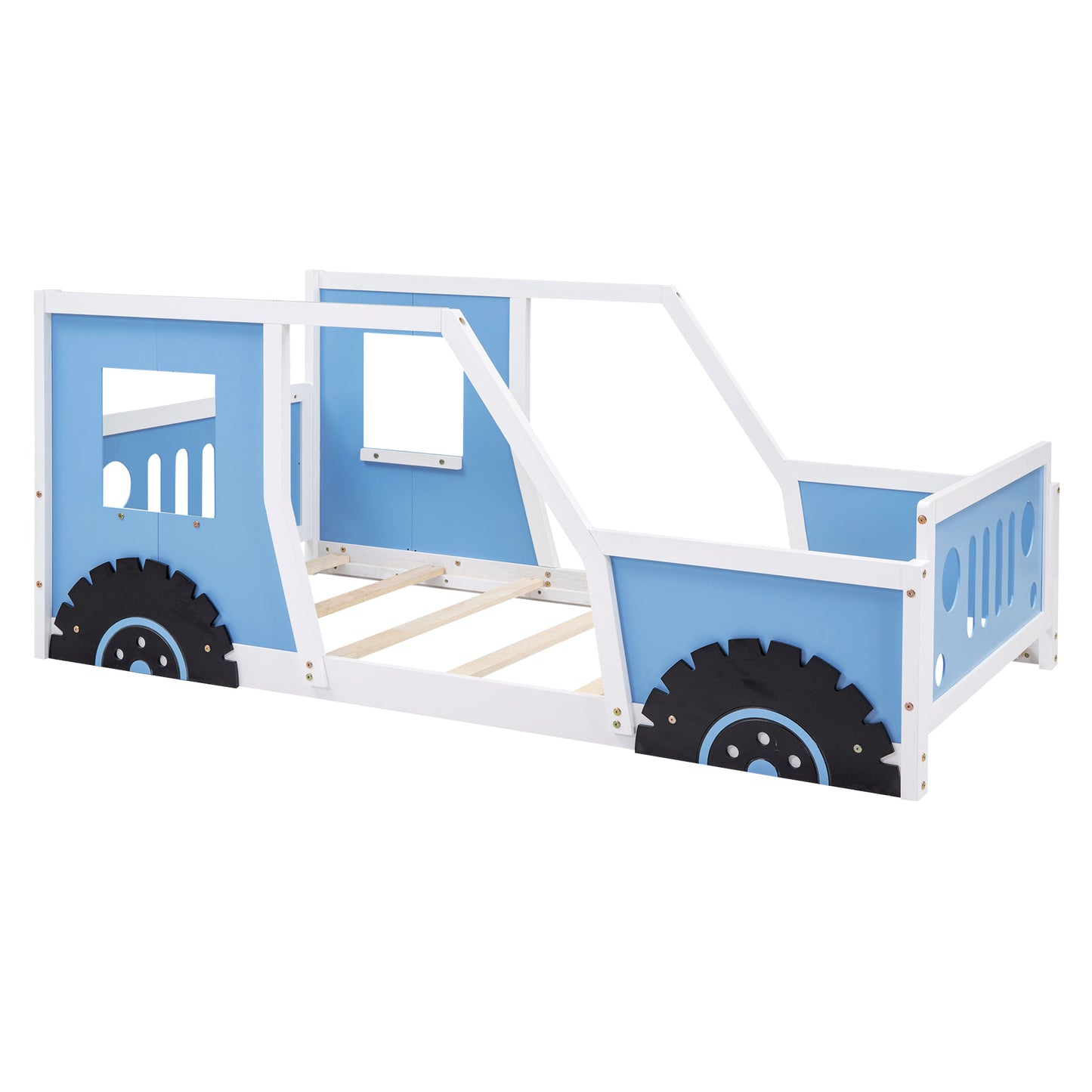 Twin Size Classic Car-Shaped Platform Bed with Wheels,Blue House to Home Furnishings LLC