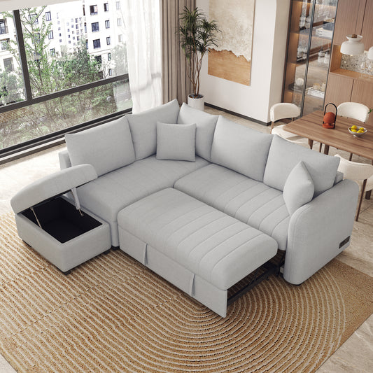 82.6" L-shaped Sectional Pull Out Sofa Bed Sleeper Sofa with Two USB Ports, Two Power Sockets and a Movable Storage Ottoman, Gray ***(FREE SHIPPING)***
