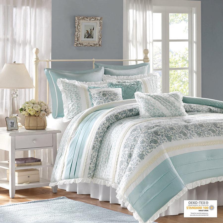 Dawn 9 Piece 20 " W Cotton Percale Comforter Set Blue Queen Olliix.com