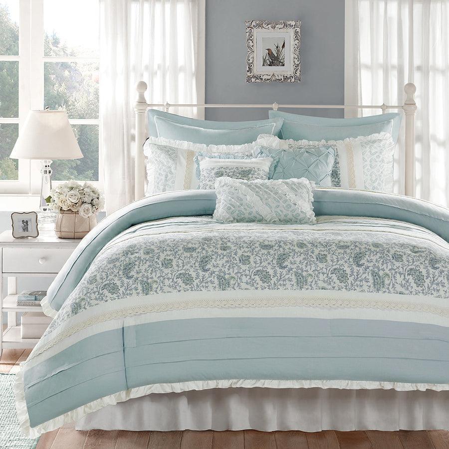 Dawn 9 Piece 20 " W Cotton Percale Comforter Set Blue Queen Olliix.com