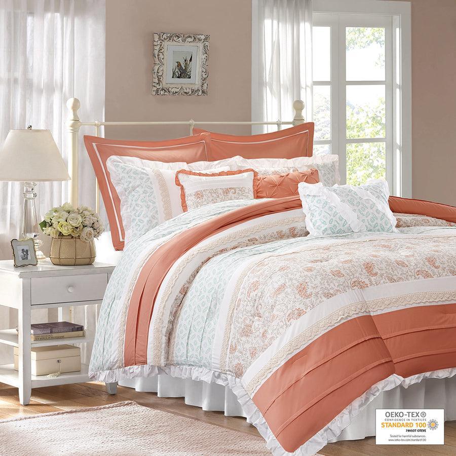 Dawn 9 Piece Cotton 26 " W Percale Comforter Set Coral Queen Olliix.com