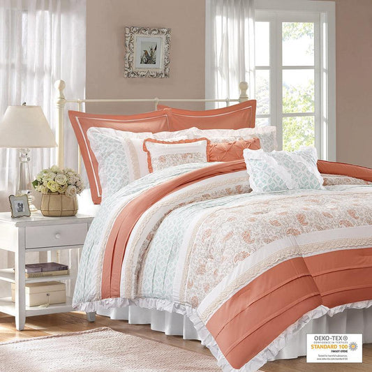 Dawn 9 Piece Cotton 26 " W Percale Comforter Set Coral Queen Olliix.com