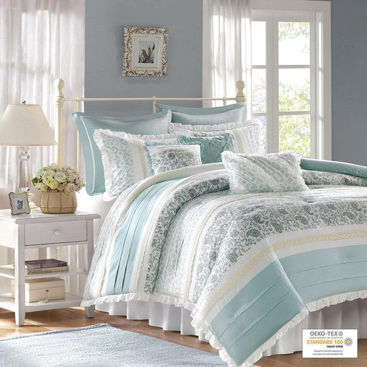 Dawn 9 Piece Cotton Percale Comforter Set Blue Cal King Olliix.com