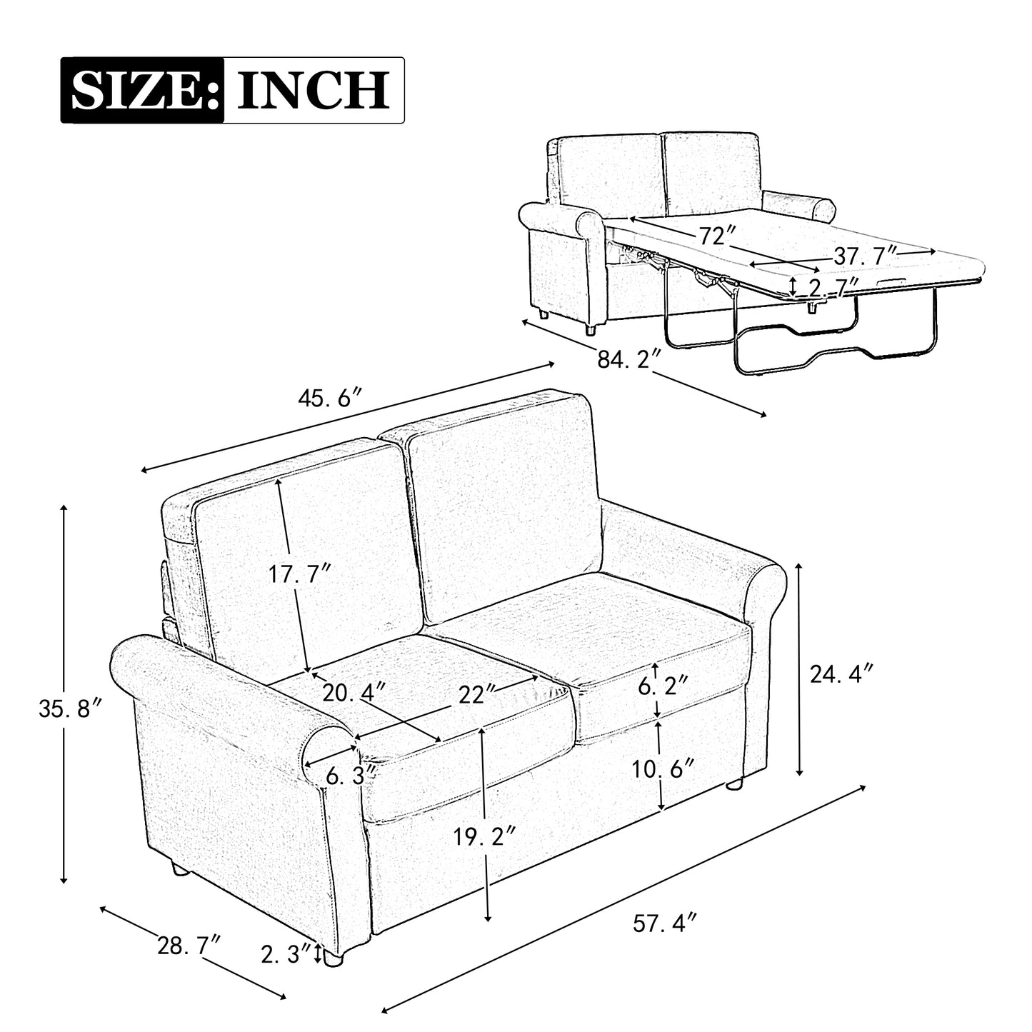 57.4" Pull Out Sofa Bed,Sleeper Sofa Bed with Premium Twin Size Mattress Pad,2-in-1 Pull Out Couch Bed with Two USB Ports for Living Room,Small Apartment, Beige(Old SKU:WF296899) House to Home Furnishings LLC