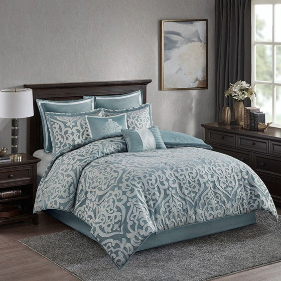 8 Piece Jacquard Comforter Set Aqua/Silver Queen Olliix.com