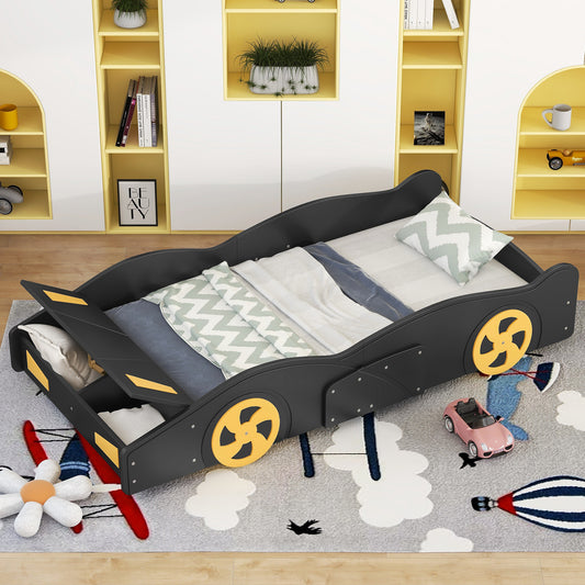 Twin Size Race Car-Shaped Platform Bed with Wheels and Storage, Black+Yellow House to Home Furnishings LLC