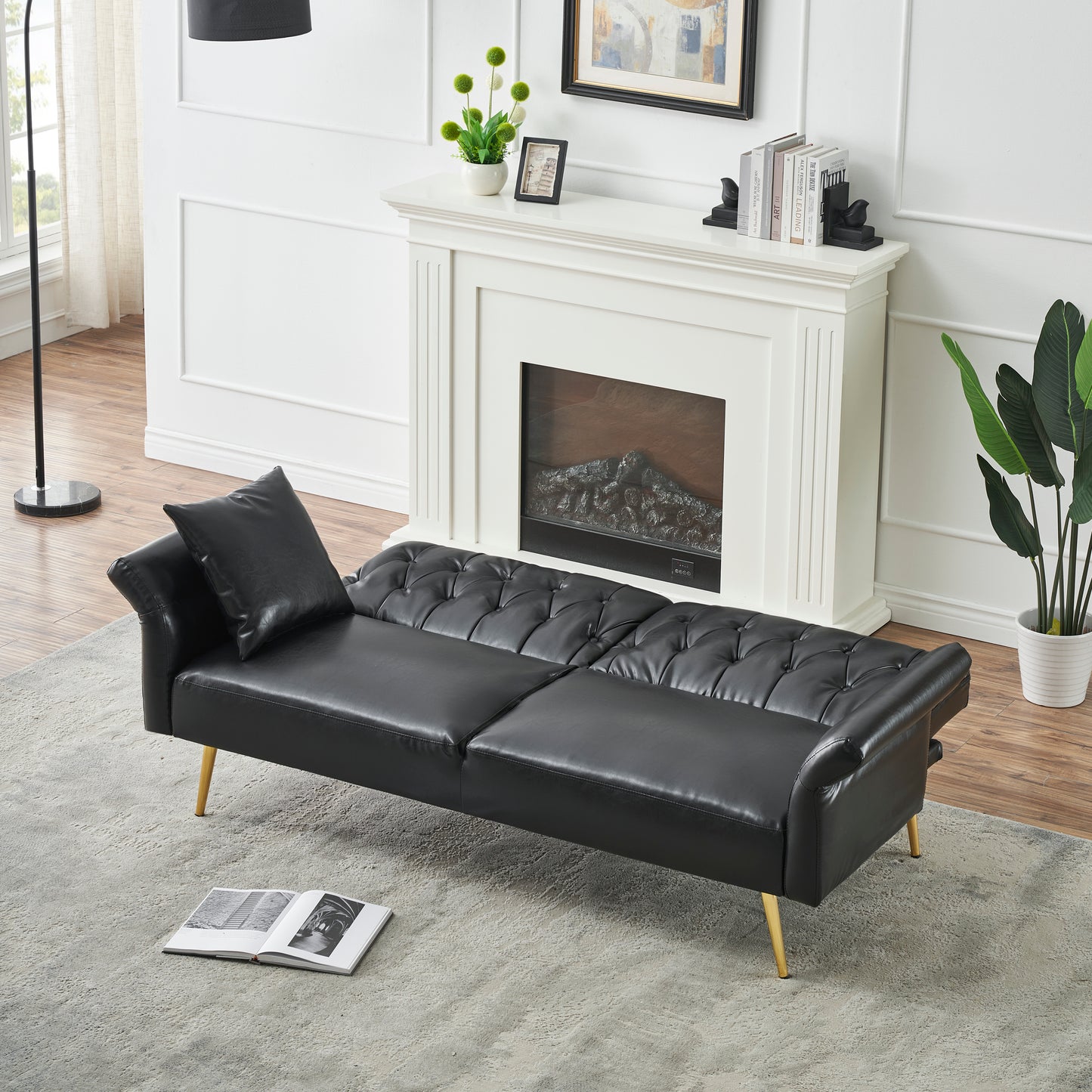 67.71 Inch Black Faux Leather sofa bed with adjustable arms House to Home Furnishings LLC