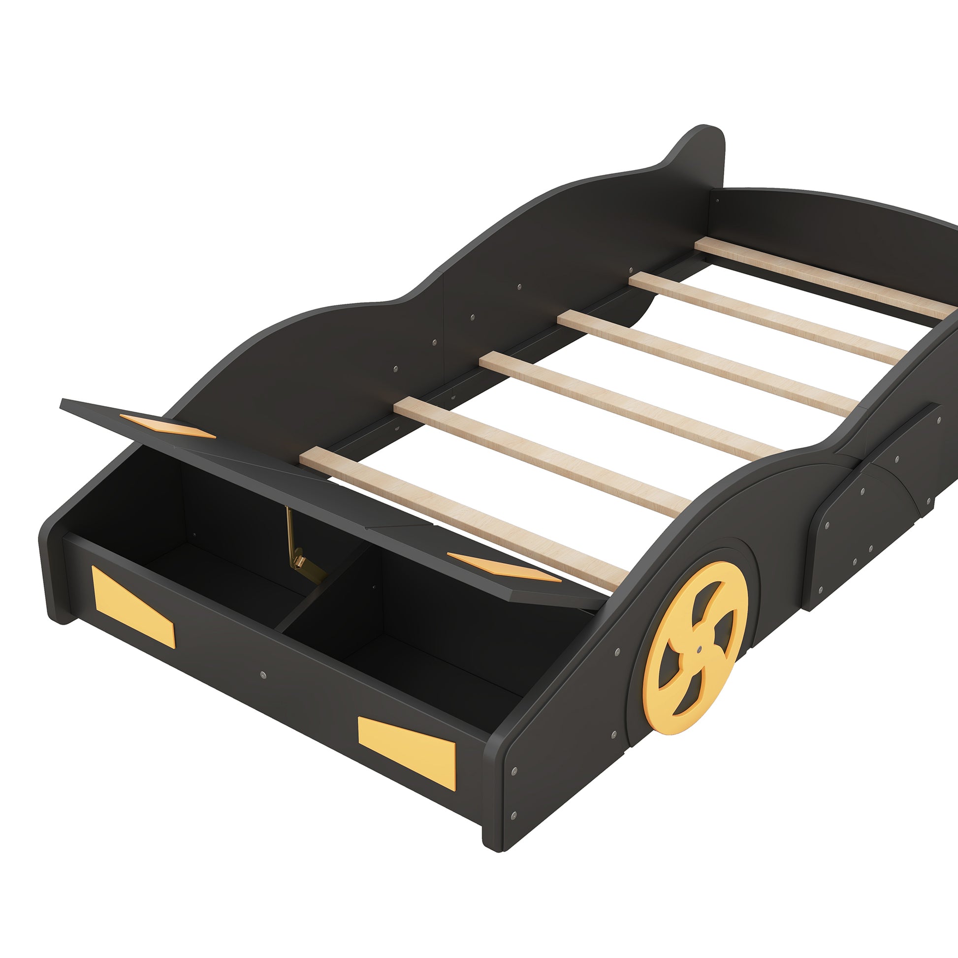 Twin Size Race Car-Shaped Platform Bed with Wheels and Storage, Black+Yellow House to Home Furnishings LLC