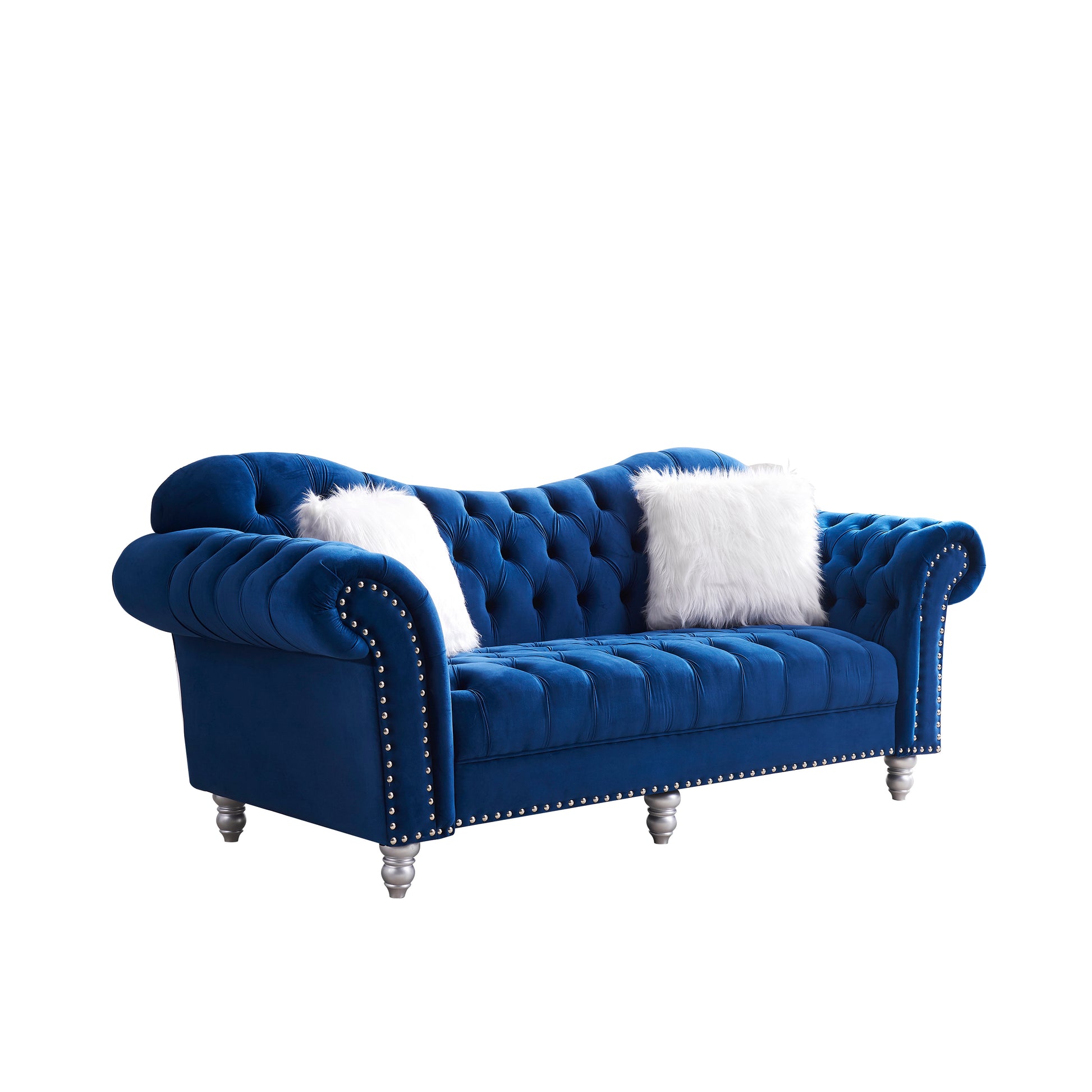 3 Piece Living Room Sofa Set, including 3-Seater Sofa, Loveseat and Sofa Chair, with Button and Copper Nail on Arms and Back, Five White Villose Pillow, Blue. House to Home Furnishings LLC