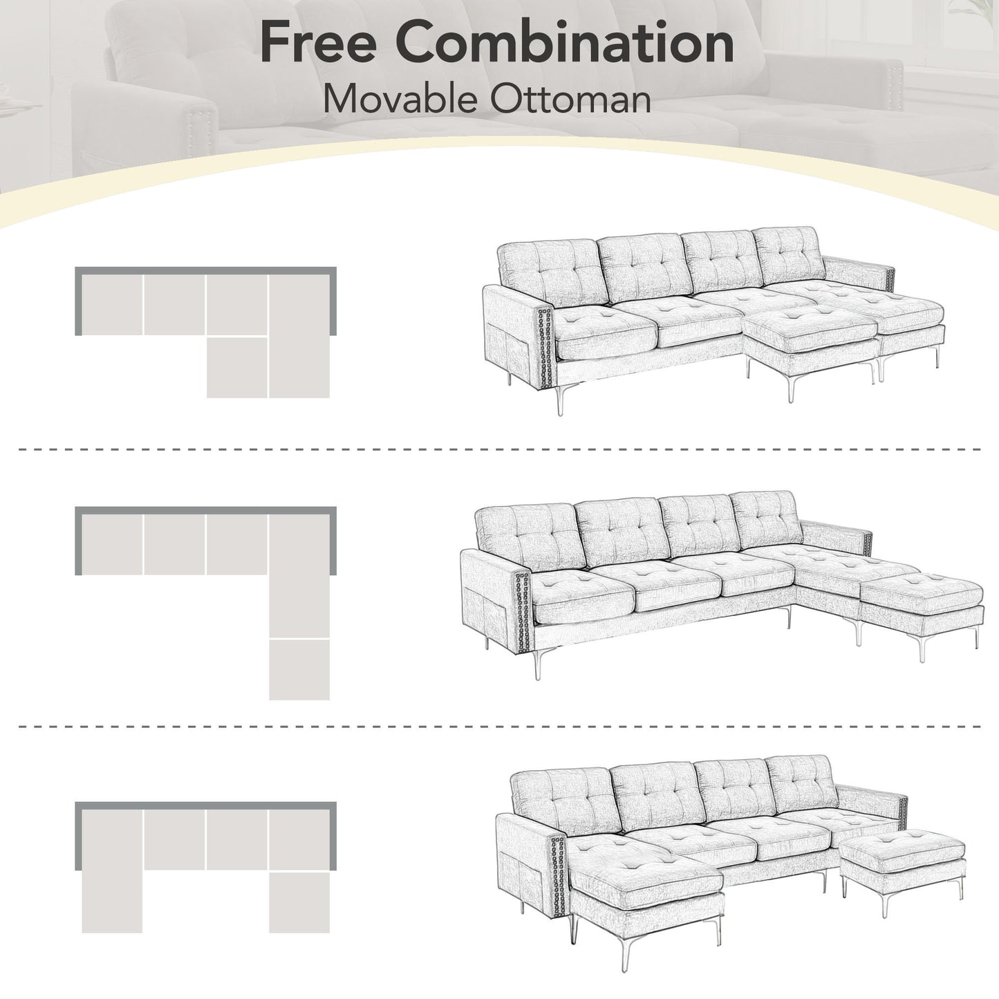 110" L-Shape Convertible Sectional Sofa Couch with Movable Ottoman for Living Room, Apartment, Office, Light Grey House to Home Furnishings LLC