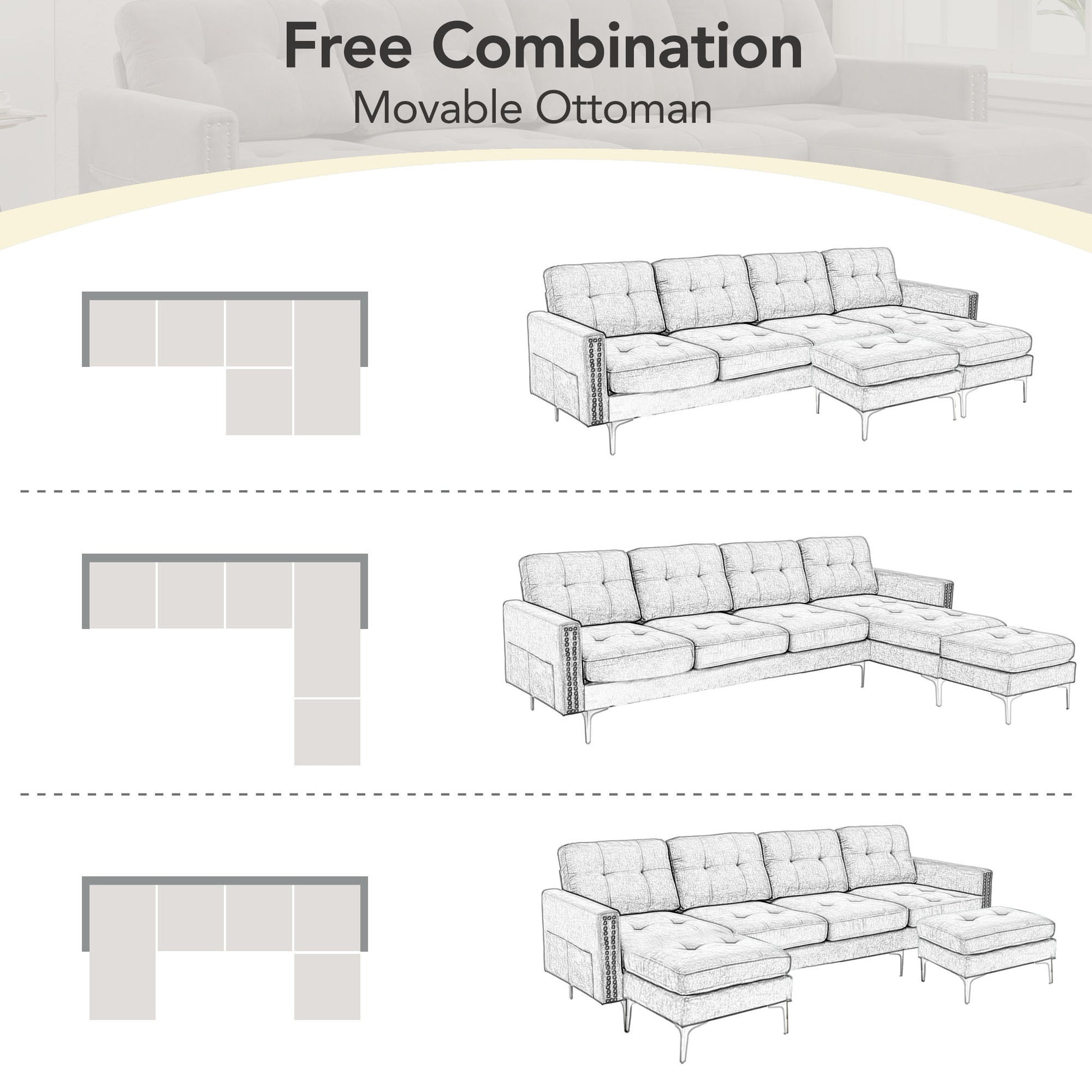 110" L-Shape Convertible Sectional Sofa Couch with Movable Ottoman for Living Room, Apartment, Office, Light Grey House to Home Furnishings LLC