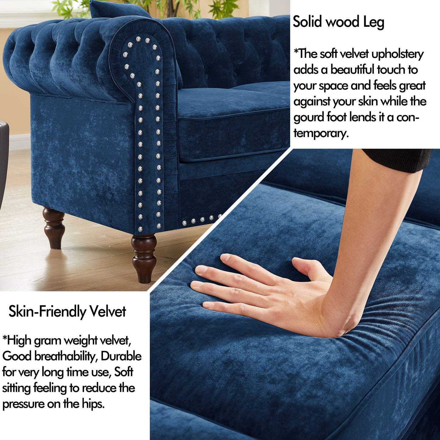 80" Inch Deep Button Tufted Upholstered Roll Arm Luxury Classic Chesterfield L-shaped Sofa 3 Pillows Included, Solid Wood Gourd Legs, Blue Velvet House to Home Furnishings LLC