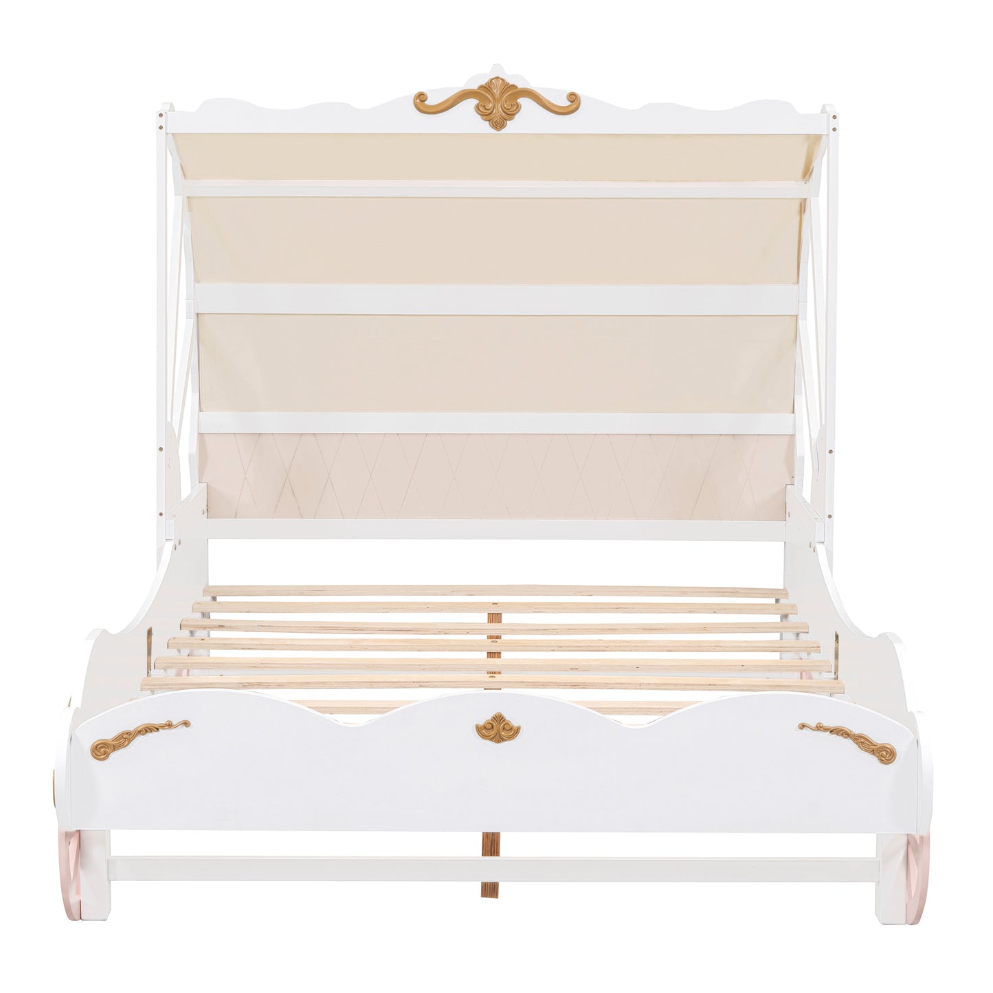 Full Size Princess Carriage Bed with Canopy, Wood Platform Car Bed with 3D Carving Pattern, White+Pink+Gold House to Home Furnishings LLC