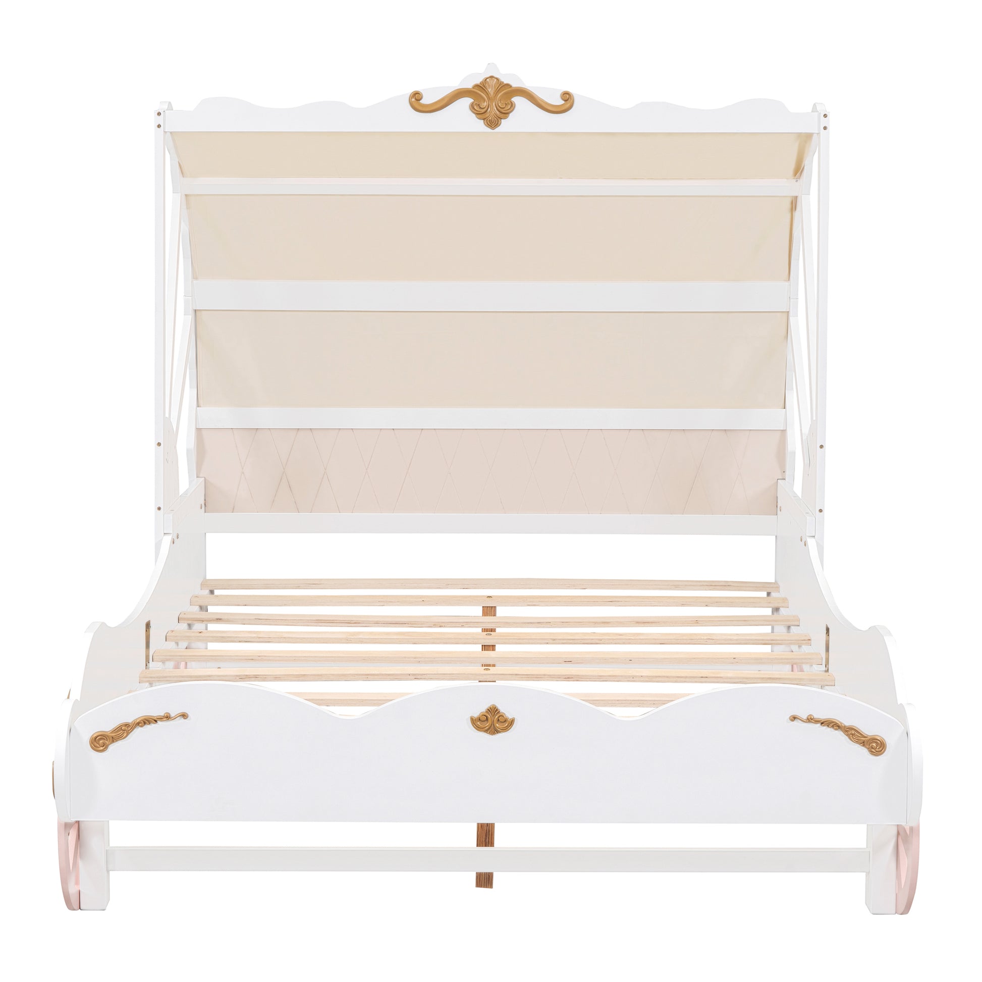 Full Size Princess Carriage Bed with Canopy, Wood Platform Car Bed with 3D Carving Pattern, White+Pink+Gold House to Home Furnishings LLC