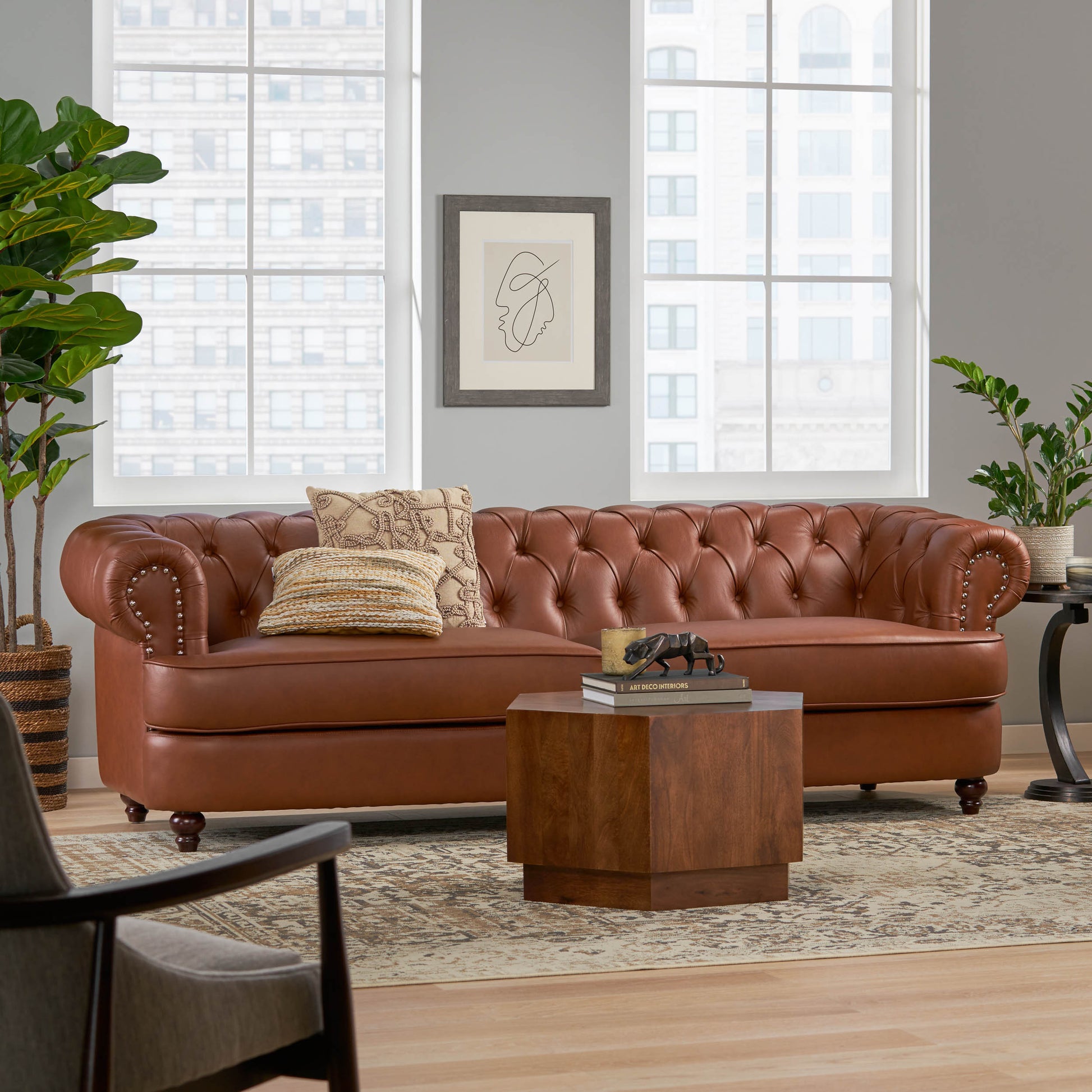 Estella Cognac Nail Head Chesterfield Leather 3 Seater Sofa House to Home Furnishings LLC