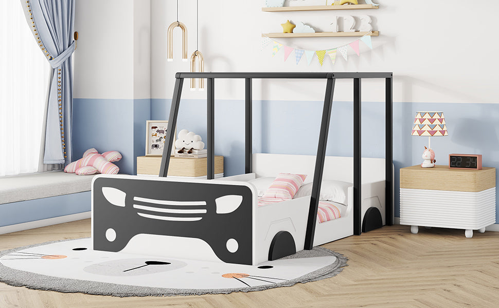 Twin Size Car-shaped Bed with Roof,Wooden Twin Floor Bed with wheels and door Design,Montessori Inspired Bedroom,Black House to Home Furnishings LLC