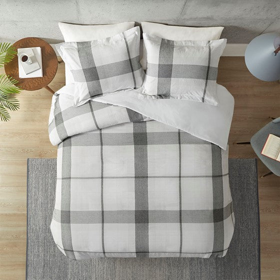 Cotton Yarn Dyed Jacquard Plaid Duvet Cover Set White/Black Cal King Olliix.com