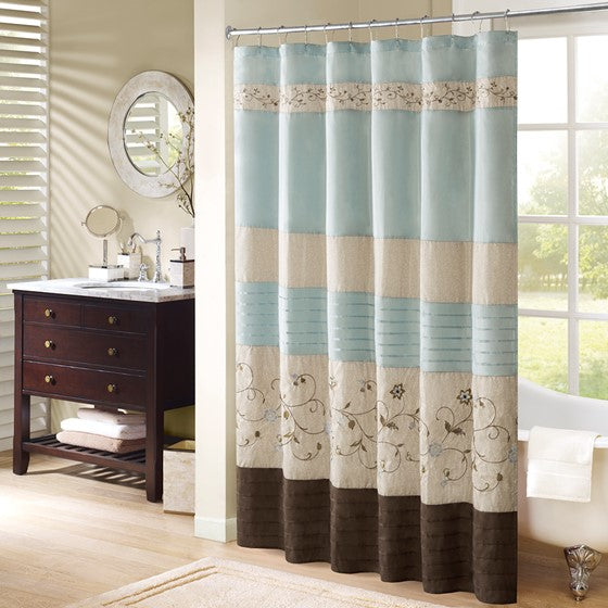 Faux Silk Embroidered Floral Shower Curtain Blue Olliix.com