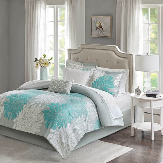 7 Piece Comforter Set with Cotton Bed Sheets Aqua Twin Olliix.com