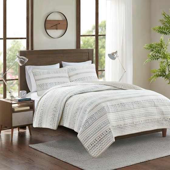 3 Piece Printed Microfiber Seersucker Quilt Set Taupe/Blue Full/Queen Olliix.com