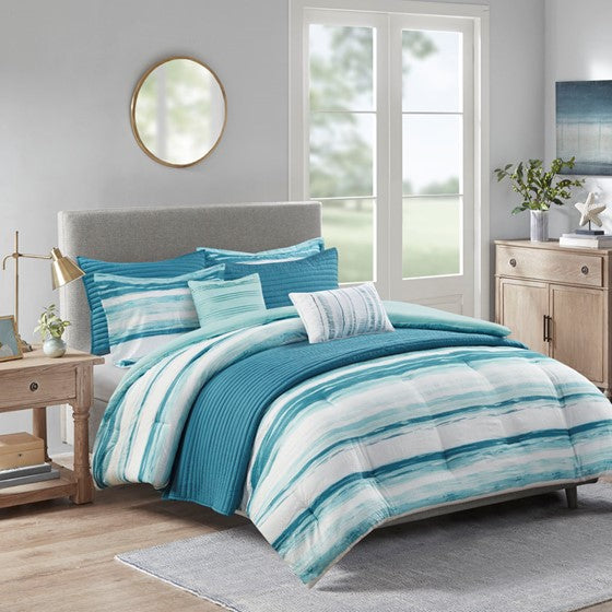 8 Piece Printed Seersucker Comforter and Quilt Set Collection Aqua Full/Queen Olliix.com