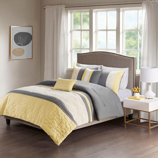 Donnell 26 " W Embroidered 5 Piece Comforter Set Yellow & Gray Full/Queen Olliix.com