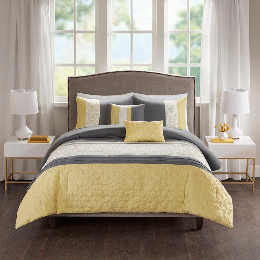 Donnell 26 " W Embroidered 5 Piece Comforter Set Yellow & Gray Full/Queen Olliix.com