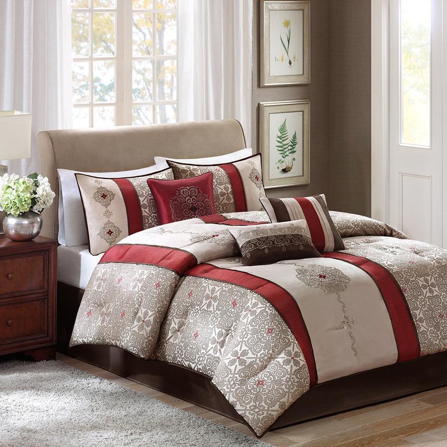 Donovan California King 7 Piece Traditional Jacquard Comforter Set Red Olliix.com