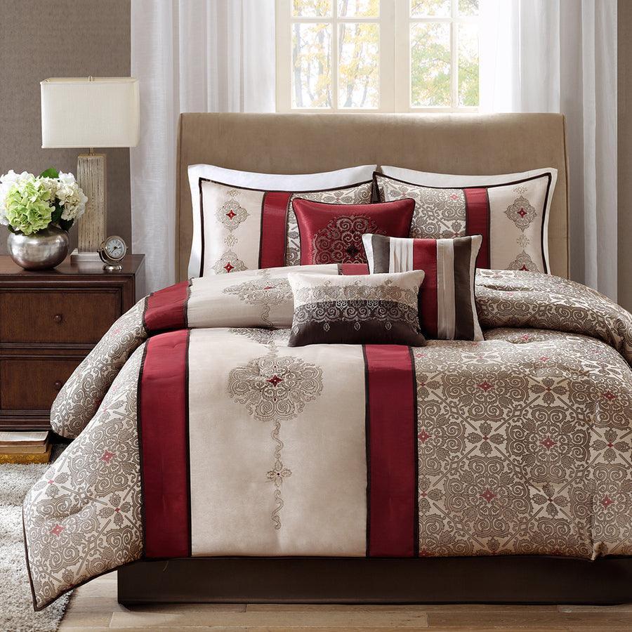 Donovan California King 7 Piece Traditional Jacquard Comforter Set Red Olliix.com