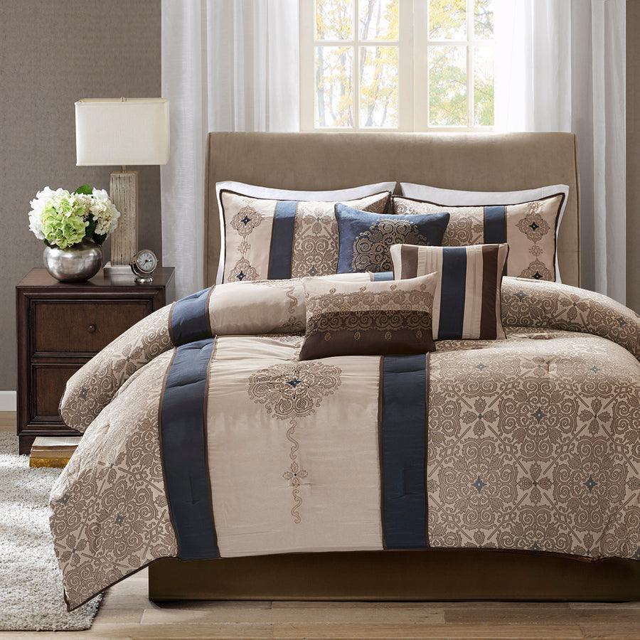 Donovan Casual| 7 Piece Jacquard Comforter Set Navy King Olliix.com