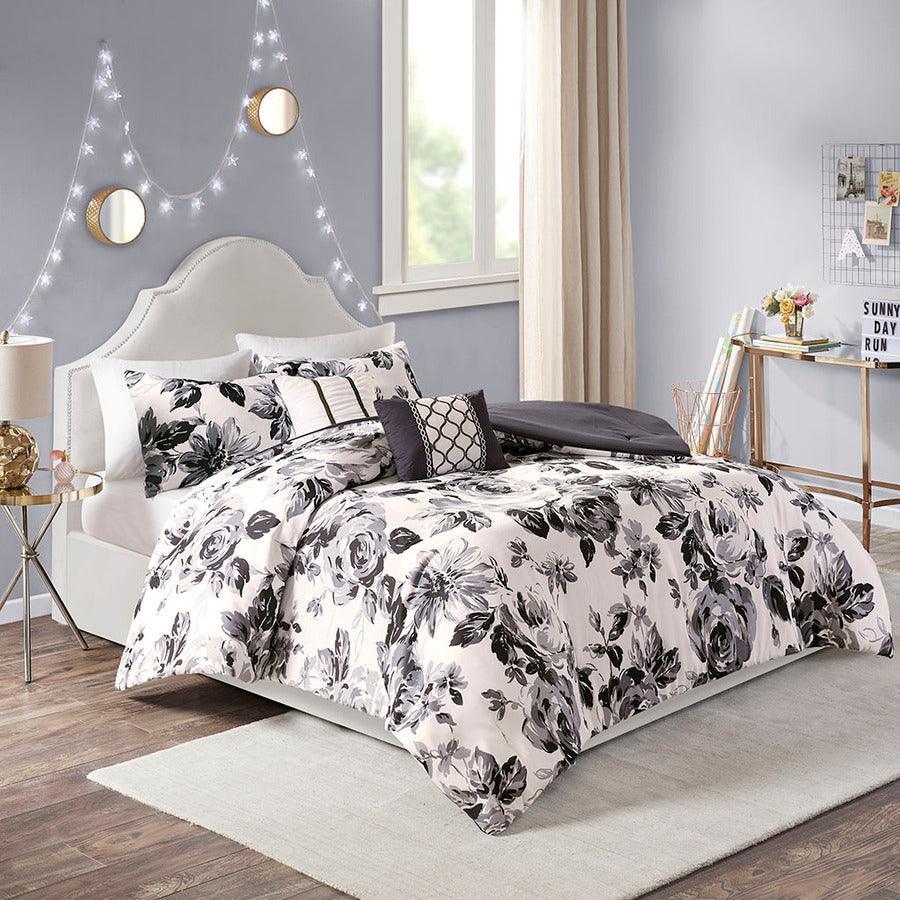 Dorsey Floral Print Comforter Set Black & White Twin/Twin XL Olliix.com