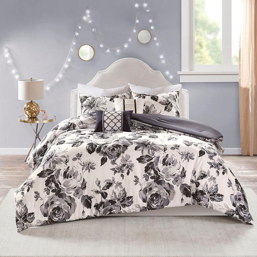 Dorsey Floral Print Comforter Set Black & White Twin/Twin XL Olliix.com