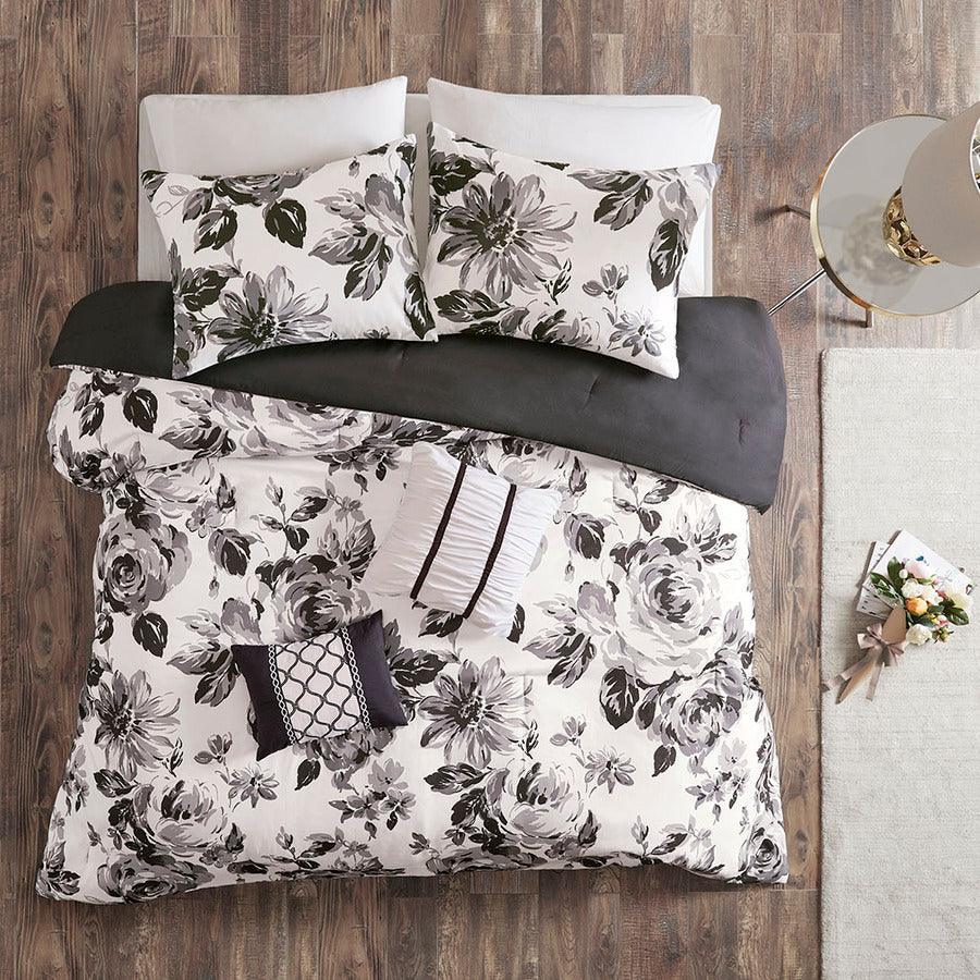 Dorsey Floral Print Comforter Set Black & White Twin/Twin XL Olliix.com