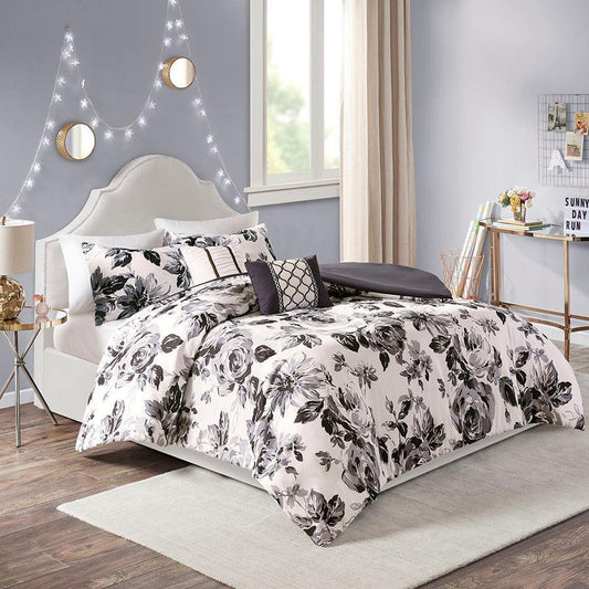 Dorsey King/California King Floral Print Duvet Cover Set Black & White Olliix.com